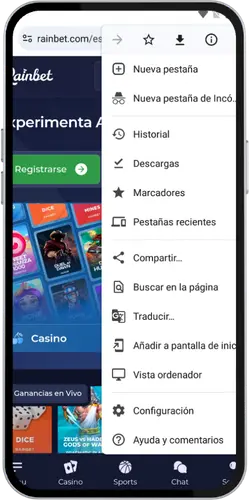 Rainbet Android al inicio del teléfono